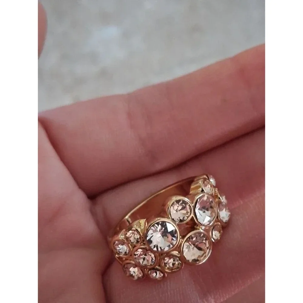 Gold Toned Metal Band Pink Rhinestone Encrusted Statement Ring Women's Size 8